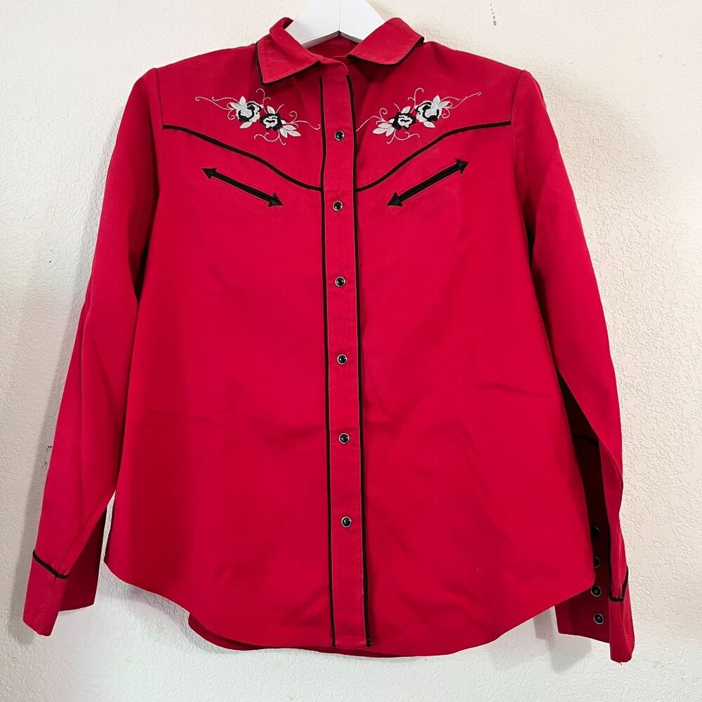 Roughrider Circle T Womens Embroidered lWestern Long-Sleeve Snap Shirt Large Red